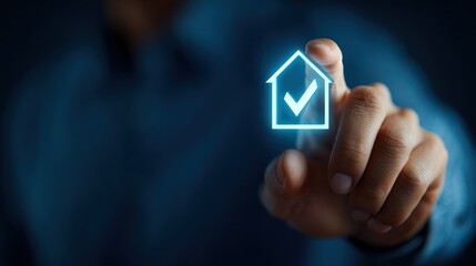 Man's hand touching a glowing digital house icon with a checkmark, representing smart home security, property success, or real estate validation.