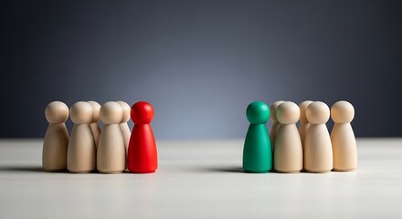 Wooden figures representing team separation, conflict, and disagreement concept