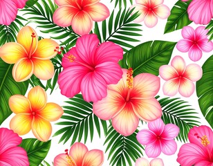 Colorful floral pattern with hibiscus, plumeria, and palm fronds. Vibrant tropical design