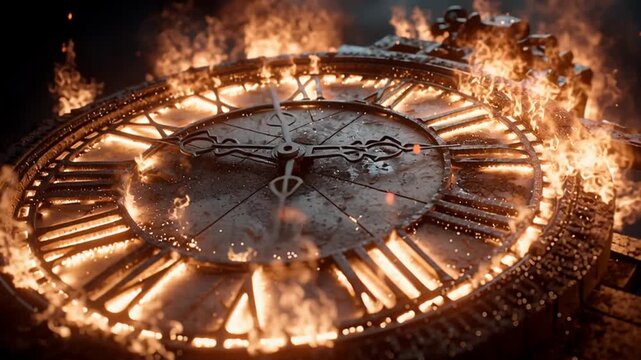 view of a realistic wall clock burning, large flames on it photography style