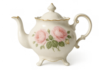 Porcelain teapot featuring pink roses design with vintage gold accents, a classic tea serving vessel