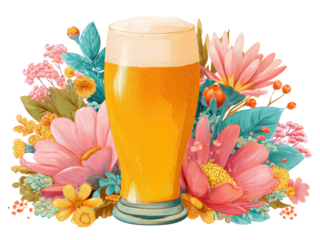 A glass of beer is surrounded by flowers