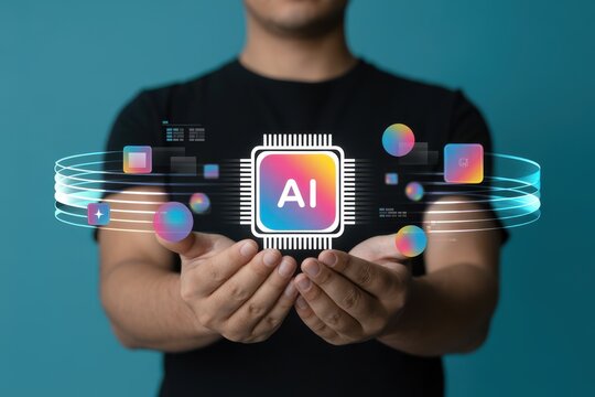 A person holds a glowing holographic display of a futuristic Artificial Intelligence processor