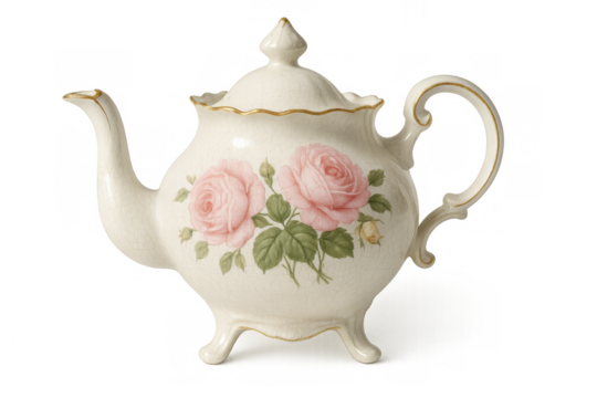 Porcelain teapot featuring pink roses design with vintage gold accents, a classic tea serving vessel