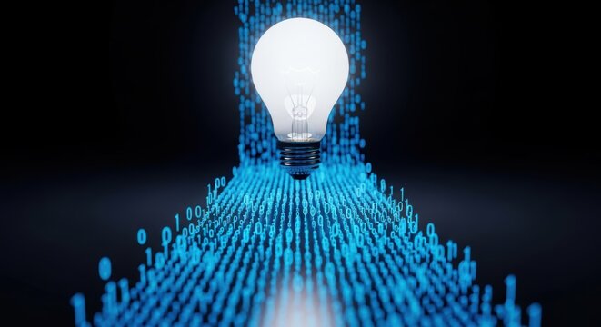 Bright lightbulb shines on a glowing path of binary code representing innovation and technology