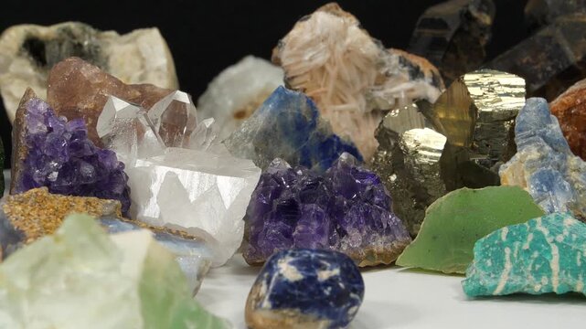 Semi Precious stones and minerals. Purple Amethysts, Quartz crystals, blue Lazurite, Agate, Green garnet or Uvarovite, green Nephrite and Amazon stone, Citrine, Barite, blue Kyanite and golden Pyrite