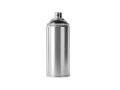 A silver spray can with a black top