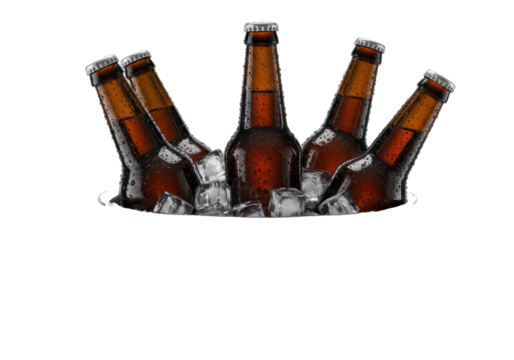 five identical dark amber beer bottles, heavily condensed in a polished brushed stainless steel ice bucket with clear ice, isolated on high-key white background. concept for beverage advertising