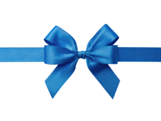 A blue ribbon with a bow is shown on a white background