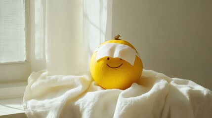 A single yellow grapefruit with a smiley face drawn on it and a bandage over one eye, resting on a white textured cloth