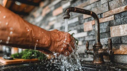 Chef washing fresh herbs under running water in restaurant kitchen sink