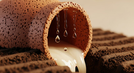 Terracotta drainpipe with water droplets and flowing liquid creating an abstract art piece design