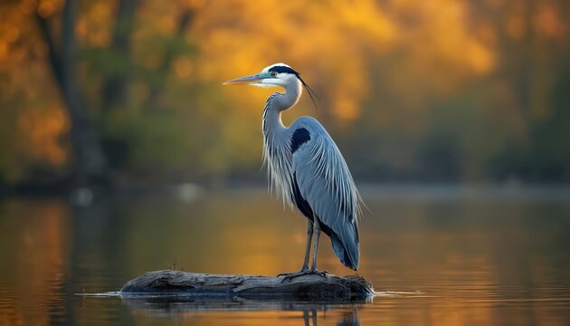 Grey heron stands on log in calm water. Bird looks for fish in lake in early morning. Autumn leaves create soft background. Serene wild animal at dawn in park.