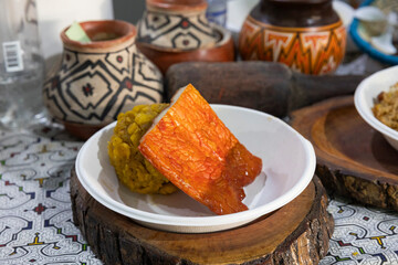 Tacacho with cecina. Traditional food from the regions of Peru.