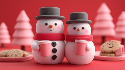 Cute snowman couple enjoying hot chocolate and cookies