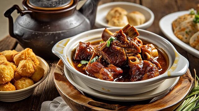Bak kut teh or Bakut is a pork rib dish cooked in broth, served in Malaysia and Singapore. Bak kut teh and tea pot. Bak kut teh with dough fritters