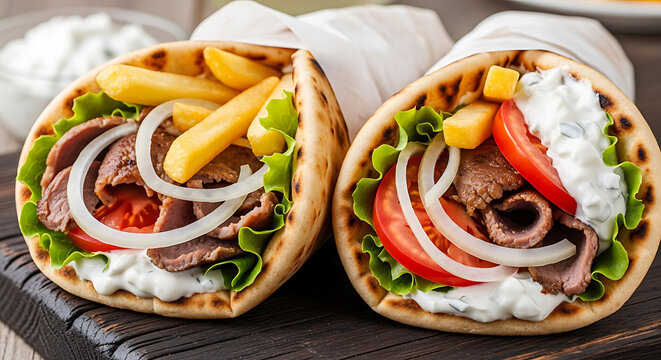 Delicious Gyro Wraps Filled with Seasoned Meat, Fresh Vegetables, and French Fries