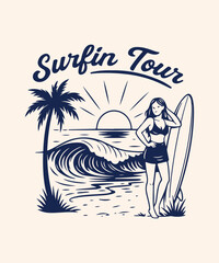 Retro Surfing T-Shirt Design – Vintage Wave Illustration & Surfboard Artwork