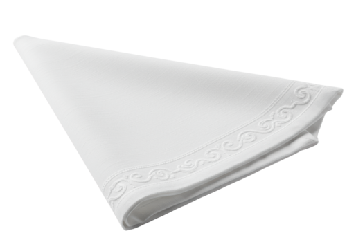 photorealistic studio shot of a perfectly folded white linen napkin with a debossed geometric pattern, showing intricate textile texture detail under high-key lighting. concept of professional