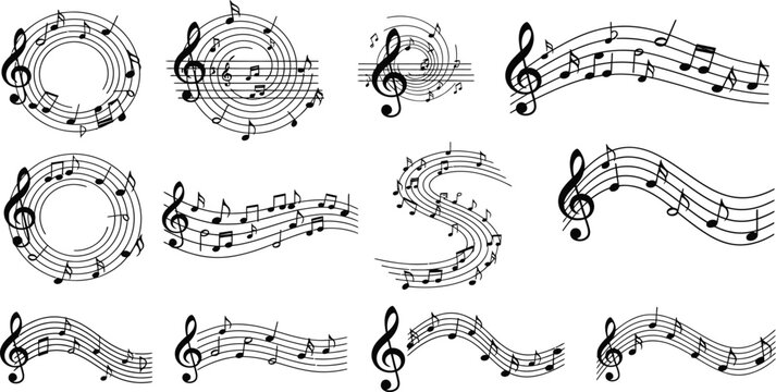 Collection of abstract musical notes and clefs forming decorative patterns
