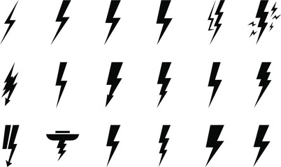 Collection of diverse black lightning bolt icons and symbols on white background
