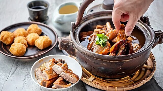 Bak kut teh or Bakut is a pork rib dish cooked in broth, served in Malaysia and Singapore. Bak kut teh and tea pot. Bak kut teh with dough fritters