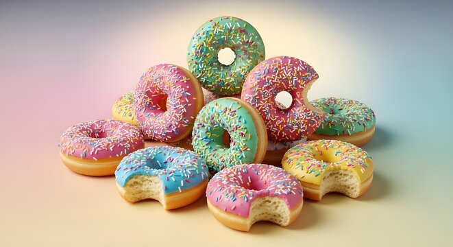 Pile of colorful frosted donuts with sprinkles and bites taken