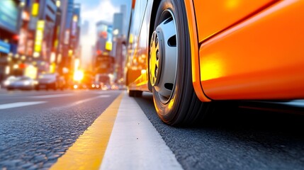Orange Bus Tire on City Street at Sunset with Urban Background.