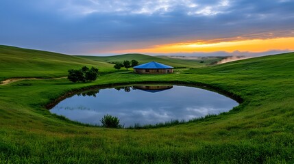 Serenity of Dawn Over Circular Pond Surrounded by Lush Green Hills.