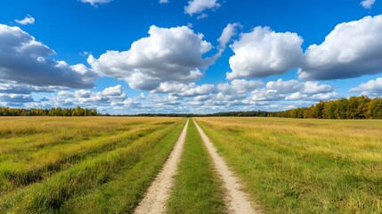 Scenic Dirt Path Through Lush Green Field Under Blue Sky.