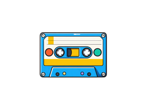 A blue and yellow cassette tape with a yellow stripe