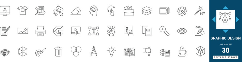 Graphic design icon set featuring digital art, creativity, drawing, portfolio, tools, software, and web design concepts. Clean editable line icons for designers and creative projects.
