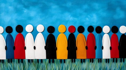 Colorful Contact of Diverse Figures Against a Blue Sky Background.
