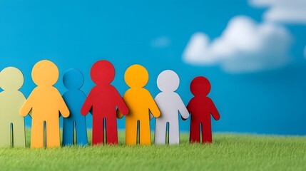 Colorful Paper Figures on Green Grass Against Blue Sky Background.