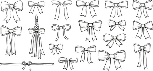 Collection of hand drawn bows and ribbons in sketchy black and white style
