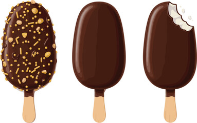 Realistic Chocolate Coated Ice Cream Bar Vector Set, Including Plain, Nutty, and Bitten Popsicles, Perfect for Summer Food and Snack Packaging Design.