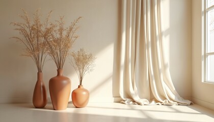Minimalist interior with dried plants in vases. Soft light falls. Neutral beige room decorated with natural elements. Gentle, peaceful, warm atmosphere. Modern home decor. Sunny day scene with