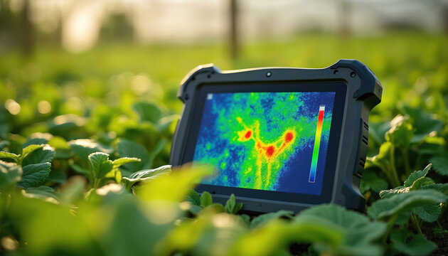 Thermal imaging device monitors crop health in field. Tech helps detect issues in agriculture. Green leaves surround display showing thermal scan data of plants. Farming tech solutions