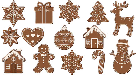Gingerbread Christmas Cookie Vector Set Featuring Snowflakes, Reindeer, Snowman, and Gift Box, Perfect for Winter Holiday Decoration and Baking Designs