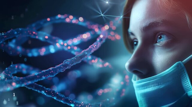 Female scientist analyzing futuristic dna sequence - Powered by Adobe