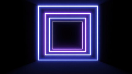 Vibrant Neon Square Tunnel Abstract Background with Glowing Blue and Purple Geometric Lights. Futuristic Portal Effect.