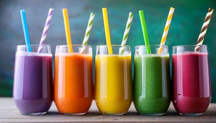 Rainbow Smoothies In Glasses With Straws Vibrant Healthy Drinks Photography