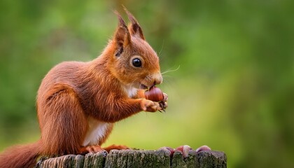 Fototapeta premium Red Squirrel Perched On A Tree Stump Eating A Hazelnut With A Green Bcakground