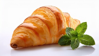 A Golden Flaky Baked Pastry Crescent Styled With A Sprig Of Fresh Mint Against A Pure White Background Creating A Visually Appealing Food Image