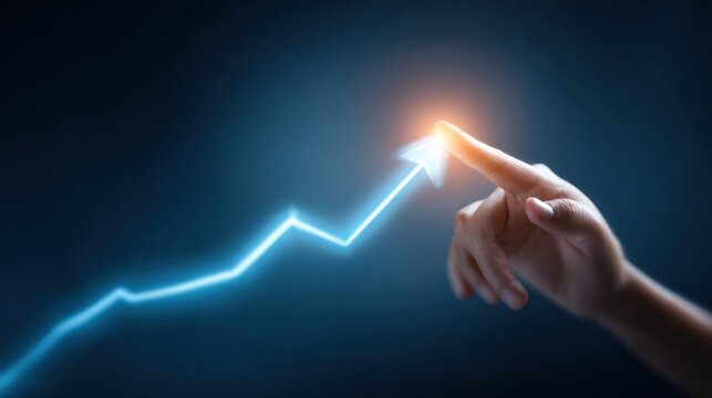 Human hand touching a glowing arrow on a rising graph line, symbolizing business growth, success, financial progress, and future strategy.