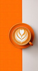 Latte art heart on orange saucer, split background