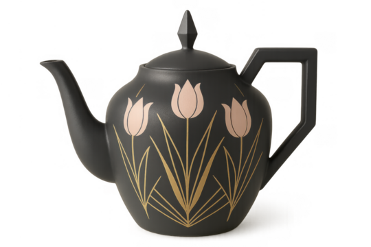 Black matte finish ceramic teapot featuring a minimalist pink tulip and gold stem floral pattern, transparent background