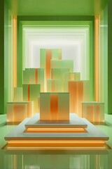 Green room, stacked blocks. Geometric abstract art