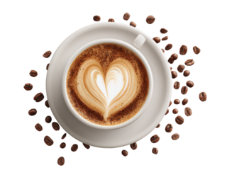 A white coffee cup with a heart shape on it and a pile of coffee beans around it