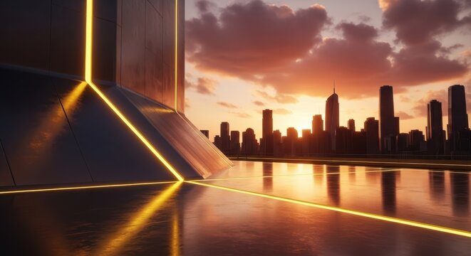 Futuristic cityscape reflection with neon lights at sunset dreamy sky - Powered by Adobe